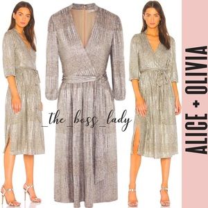ALICE + OLIVIA dress metallic wrap midi belted wedding cocktail size 2 NWT